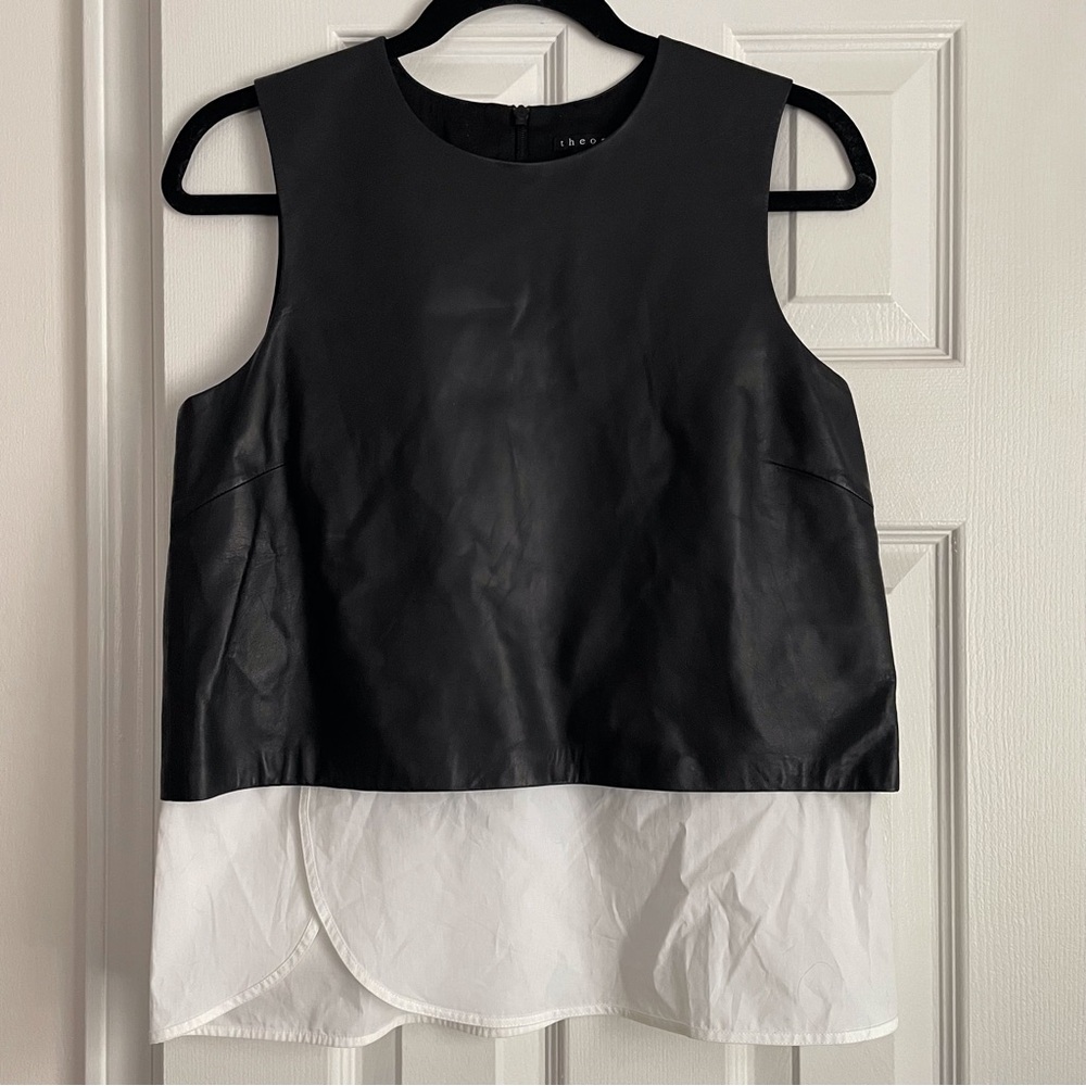 Theory Black leather and White Layered Sleeveless Blouse